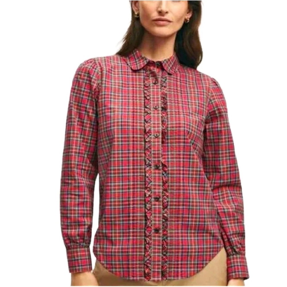 Brooks Brothers Women's Red Plaid Ruffle Front Button Up Shirt‎ Size 8